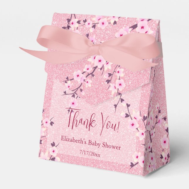 Cherry Blommar Rosa Glitter Tack Baby Shower Presentaskar (Framsidan Sidan)