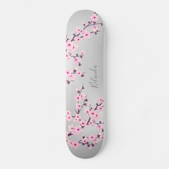 Cherry Blommar Rosa Grått Asia Blommigt Monogram Mini Skateboard Bräda 18,5 Cm (Framsida)