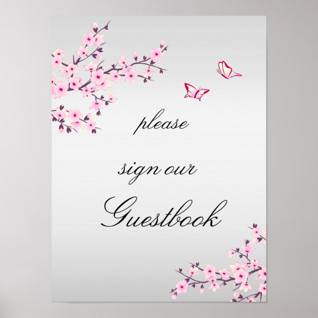 Cherry Blommar Rosa Grått Sign Guestbook Poster (Framsidan)