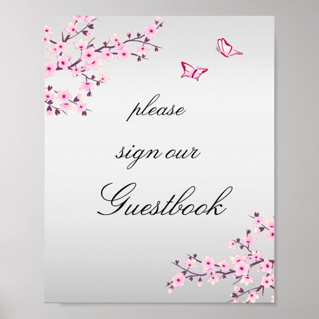 Cherry Blommar Rosa Grått Sign Guestbook Poster (Framsidan)