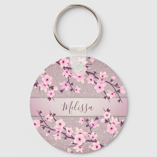 Cherry Blommar Rosa Mauve Glitter Nyckelring (Framsida)