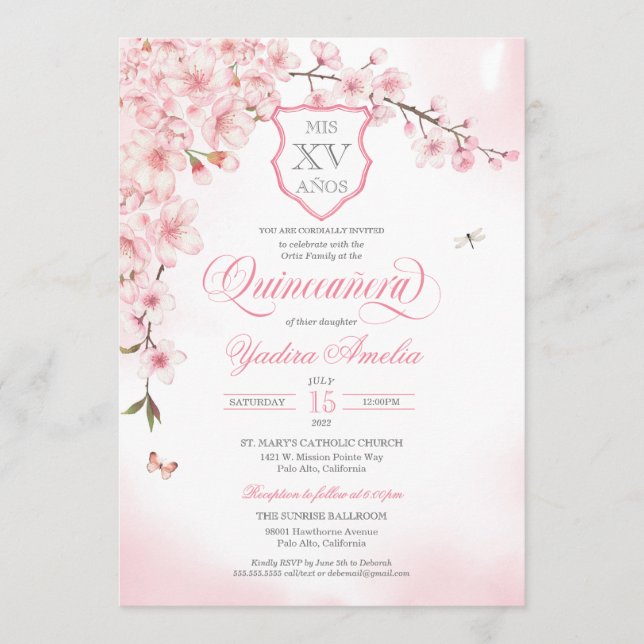 Cherry Blommar  Rosa Quinceañera-inbjudan Inbjudningar (Framsida)