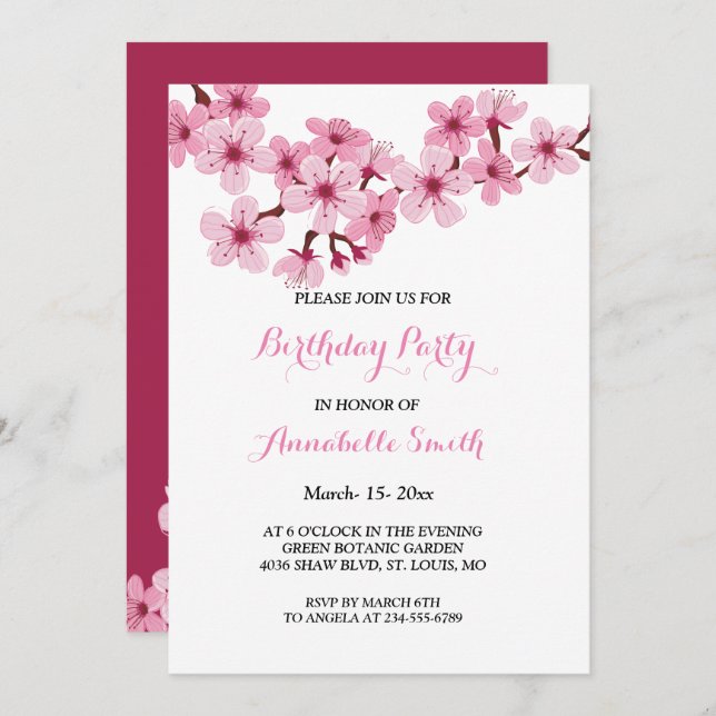 Cherry Blommar Rosa White blommigt Födelsedagsfest Inbjudningar (Fram/baksida)