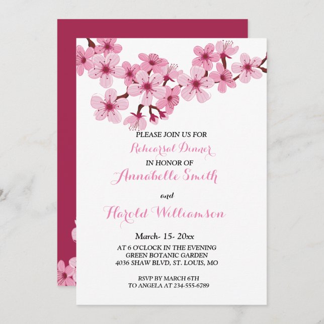 Cherry Blommar Rosa White blommigt Rehearsal Dinne Inbjudningar (Fram/baksida)