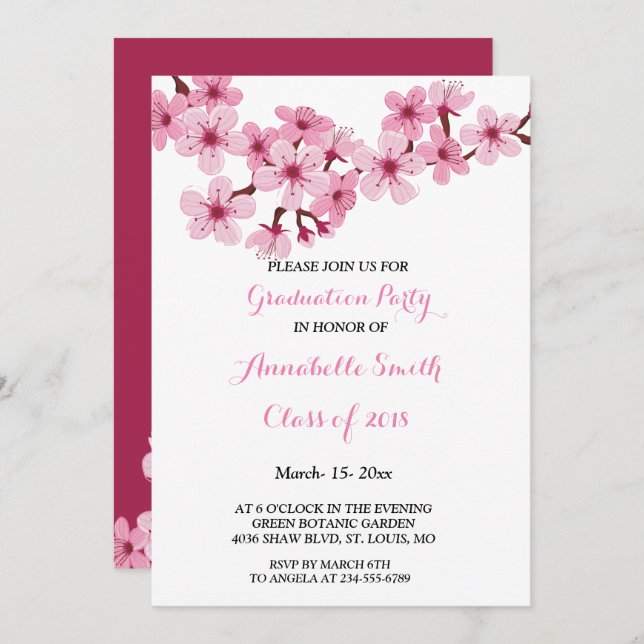 Cherry Blommar Rosa White blommigt Studentfest Inbjudningar (Fram/baksida)