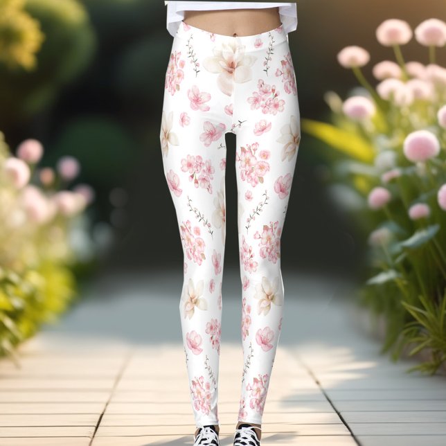 Cherry Blommar Sacura Mönster White Rosa Blommigt Leggings (Cherry Blossom Sacura Pattern White Pink Floral Leggings)