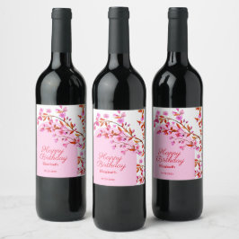 Cherry Blommar Sakura Flower Rosa White Birthday Vinflaska Etikett