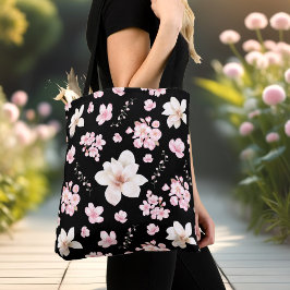 Cherry Blommar Sakura Magnolia Vår Rosa Black Tygkasse