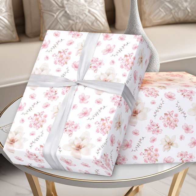 Cherry Blommar Sakura Mönster Rosa White Presentpapper (Cherry Blossom Sakura Pattern Pink White Wrapping Paper)