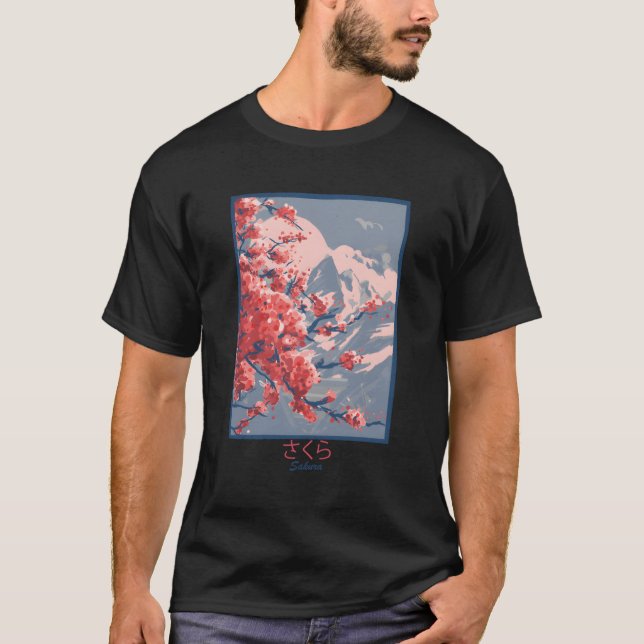 Cherry Blommar Sakura Mountains T Shirt (Framsida)