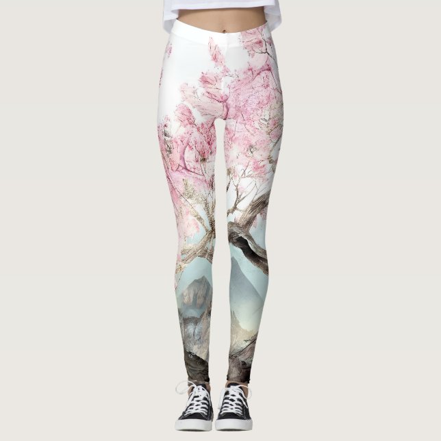 Cherry Blommar Sergranat Leggings (Framsida)