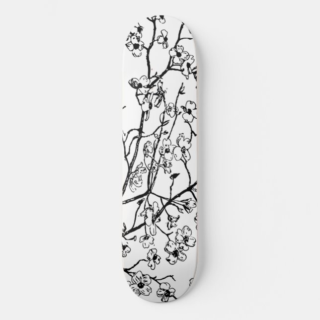 Cherry Blommar Skateboard Black and White (Framsida)