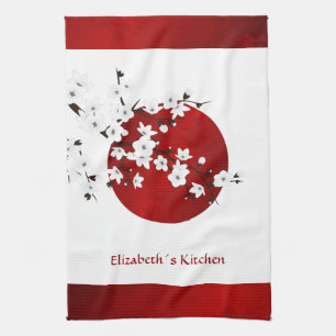Cherry Blommar Stigning Sol Red Black White Monogr Kökshandduk