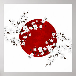Cherry Blommar Stigning Sol Red White Poster
