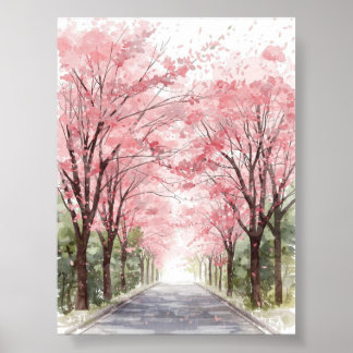 Cherry Blommar Street Watercolor Poster