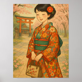 Cherry Blommar Stroll - Japansk flicka i Kimono Poster