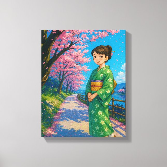 Cherry Blommar Stroll - Kimono Girl Canvastryck (Framsida)