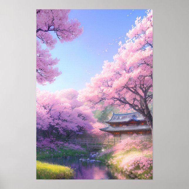 Cherry Blommar Tea House vid floden Poster (Framsidan)