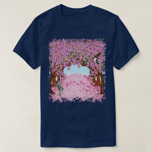 Cherry Blommar Träd Japanska Sakura Hummingbird W T Shirt (Design framsida)