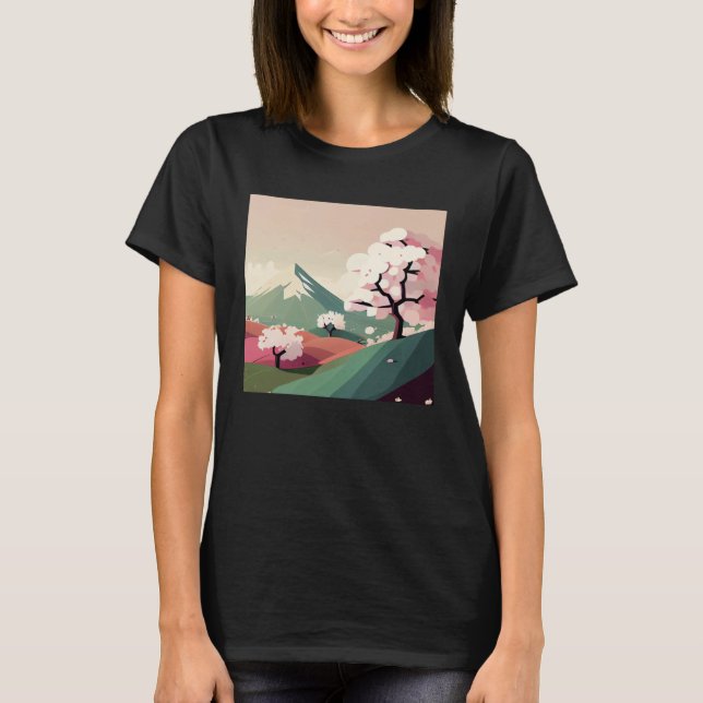 Cherry Blommar träd rosa backe, snötoppen i bergst T Shirt (Framsida)