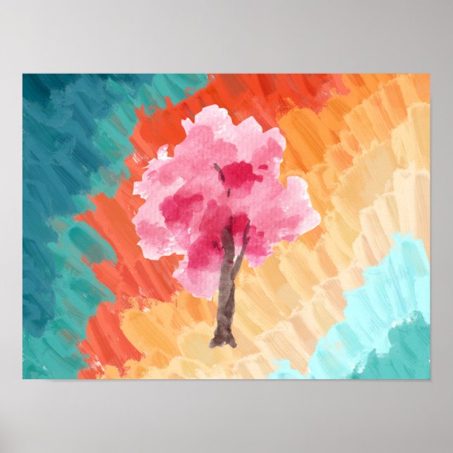 Cherry Blommar Träd Rosa Watercolor Poster (Framsidan)