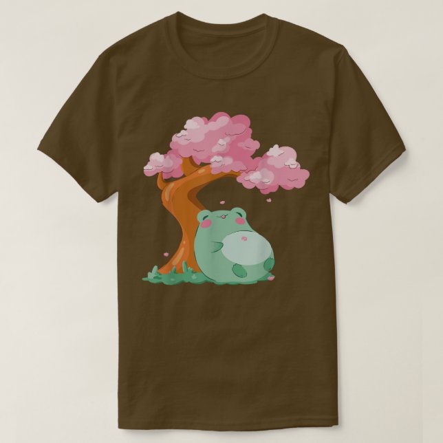 Cherry Blommar Träd Sakura Cute Frog Kawaii Japane T Shirt (Design framsida)