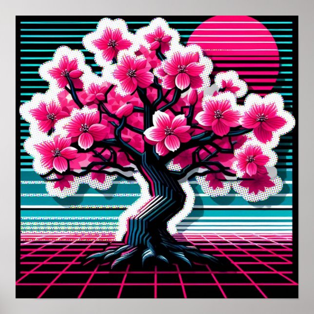 Cherry Blommar Träd Synthwave 803 Poster (Framsidan)