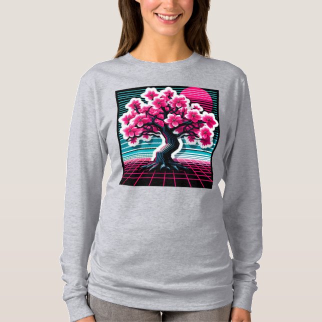 Cherry Blommar Träd Synthwave 803 T Shirt (Framsida)