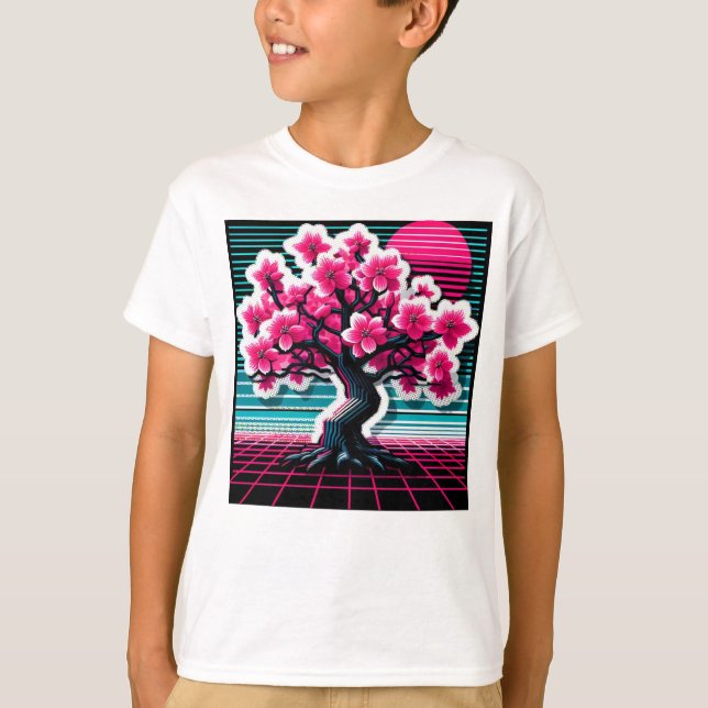 Cherry Blommar Träd Synthwave 803 T Shirt (Framsida)