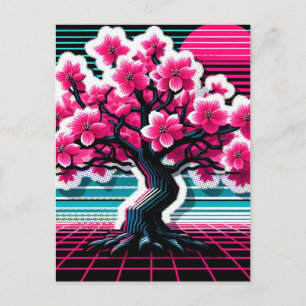 Cherry Blommar Träd Synthwave 803 Vykort