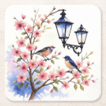 Cherry Blommar Underlägg Papper Kvadrat<br><div class="desc">Körsbärs Blommar,  populär illustration med fåglar och blommor.</div>