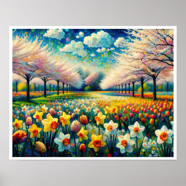 Cherry Blommar Vår Daffodils Vibrant Abstrakt Poster (Framsidan)