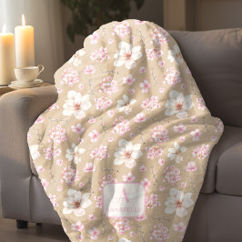 Cherry Blommar Vår Monogram Beige Rosa Fleecefilt