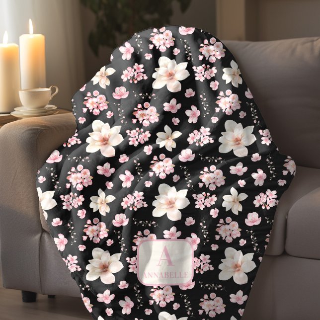 Cherry Blommar Vår Monogram Black Rosa Fleecefilt (Cherry Blossom Spring Monogram Black Pink Fleece Blanket)