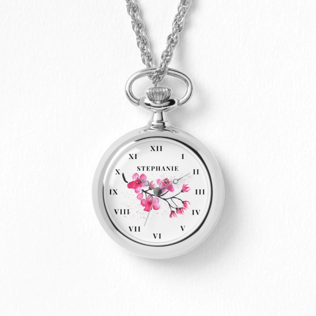 Cherry Blommar Watercolor Blommigt Sakura Modern Armbandsur (Framsida)