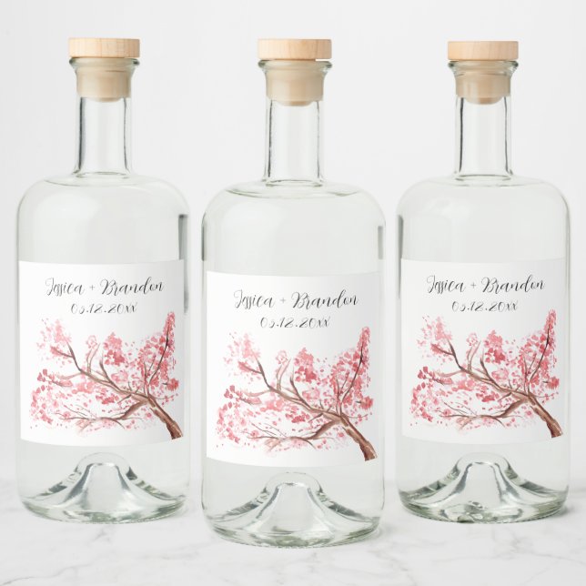 Cherry Blommar Watercolor Flowers Blommigt Bröllop Spritflaskor Etikett (Flaskor)