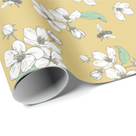 Cherry Blommars and Bees Satin Guld Seamless Presentpapper