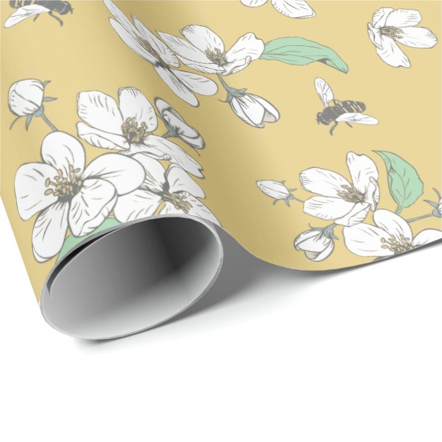 Cherry Blommars and Bees Satin Guld Seamless Presentpapper (Rullad Hörn)