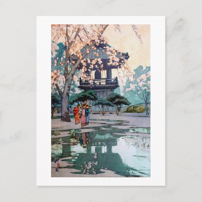 Cherry Blommars and Belfry, Hiroshi Yoshida Vykort (Framsida)