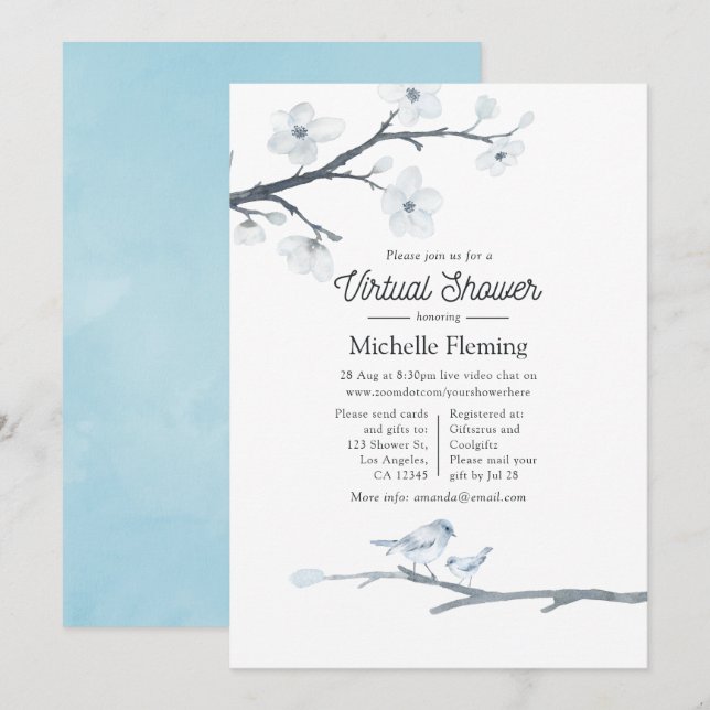 Cherry Blommars Blommigt Virtuell Baby Shower Inbjudningar (Fram/baksida)