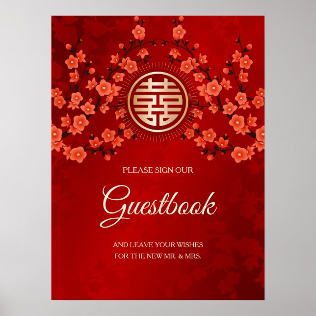 Cherry Blommars Chinese Bröllop Guest Bok Poster (Framsidan)