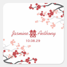 Cherry Blommars Dubbla Happity Chinese Bröllop Fyrkantigt Klistermärke