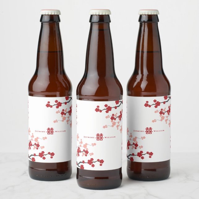 Cherry Blommars Dubbla Happity Chinese Bröllop Ölflaska Etikett (Flaskor)