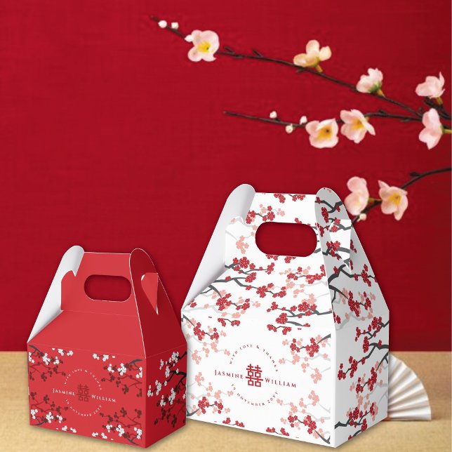 Cherry Blommars & Dubbla Happity Chinese Bröllop Presentaskar (Red/White Cherry Blossoms Double Happiness Chinese Wedding Party Favor Boxes @ fatfatin_red_knot)