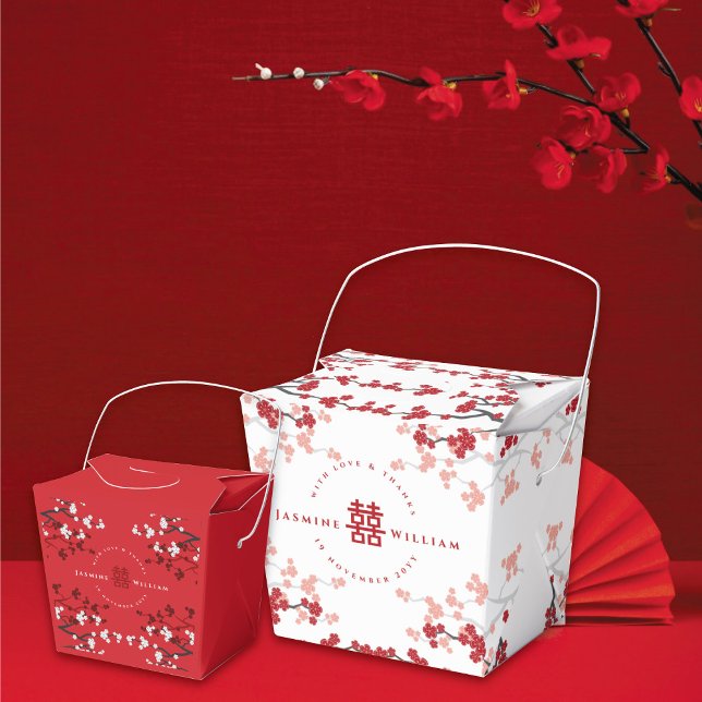 Cherry Blommars & Dubbla Happity Chinese Bröllop Presentaskar (Red/White Cherry Blossoms Double Happiness Chinese Wedding Party Favor Boxes @ fatfatin_red_knot)