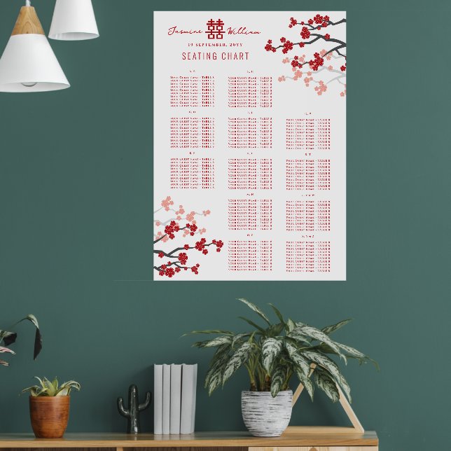 Cherry Blommars Dubbla Xi Asian Bröllop Seat Chart Poster (Vardagsrum 1)