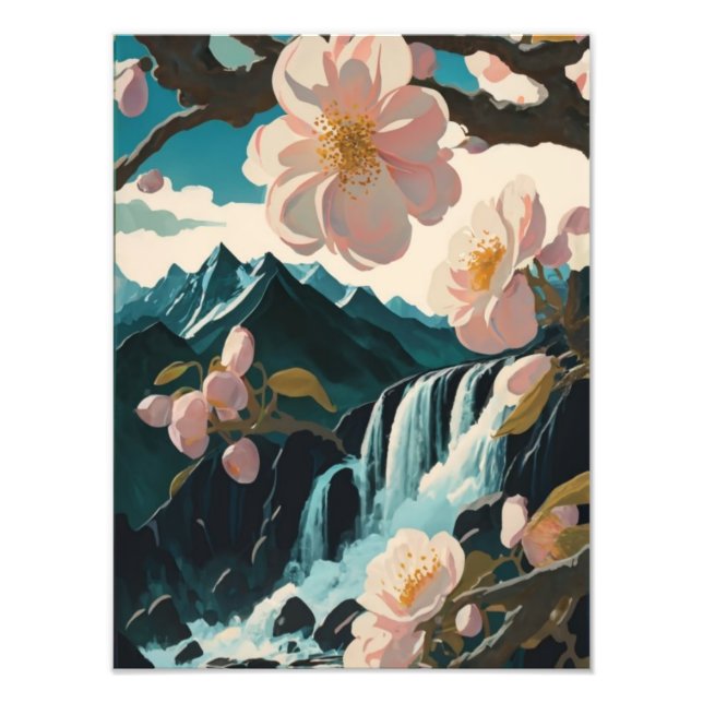 Cherry Blommars Embrace a Tranquil Waterfall Fototryck (Framsidan)