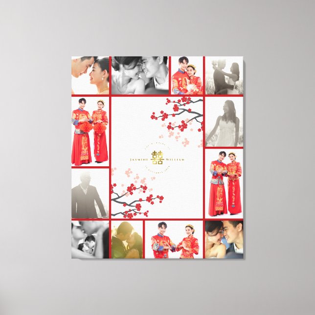 Cherry Blommars & Golden Dubbla Xi Chinese Bröllop Canvastryck (Framsida)