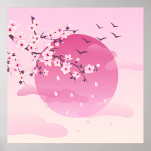 Cherry Blommars Japansk liggande Rosa Poster