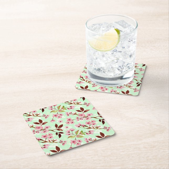 Cherry Blommars Mint Background Papper Underlägg Kvadrat (Insitu)